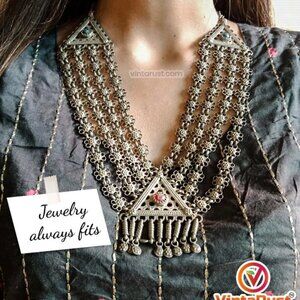 Afghan Kuchi Bib Necklace: Rustic Silver Boho Jewelry